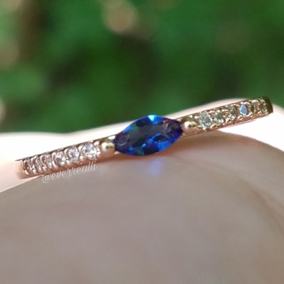 Rose Gold Tiny Blue Sapphire Marquise Dainty Ring - Picture 2 of 7